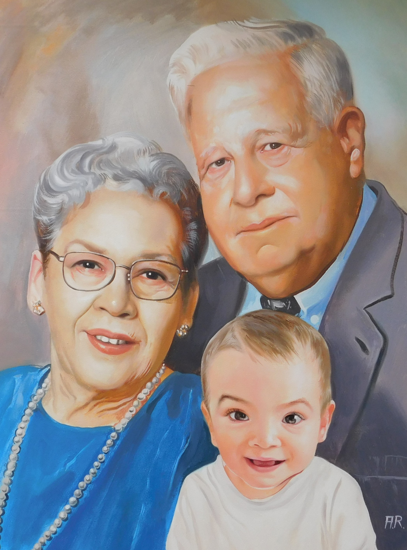 Oil painting of a Grandfather and Grandmother with their baby grandson