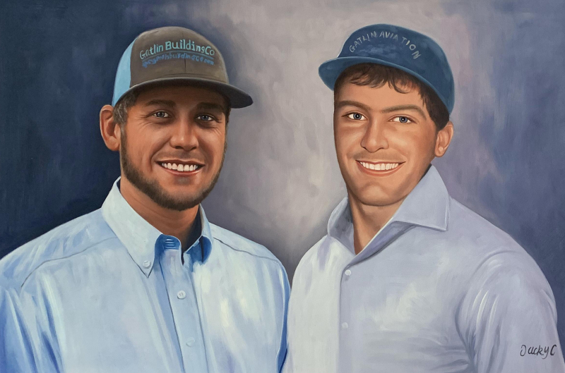 Painting of two smiling men in light blue shirts and baseball caps. One cap says Gatlin Building Co. the other Gatlin Aviation.