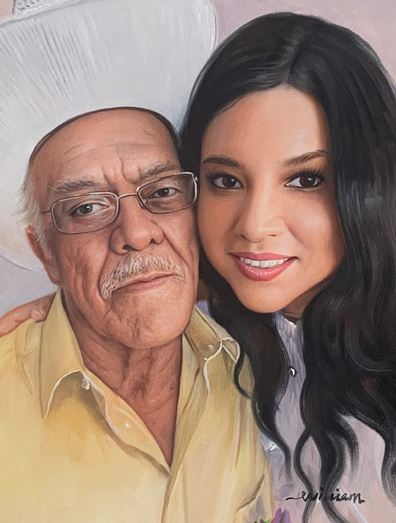Painting of an older man in glasses and a yellow shirt with a younger woman.