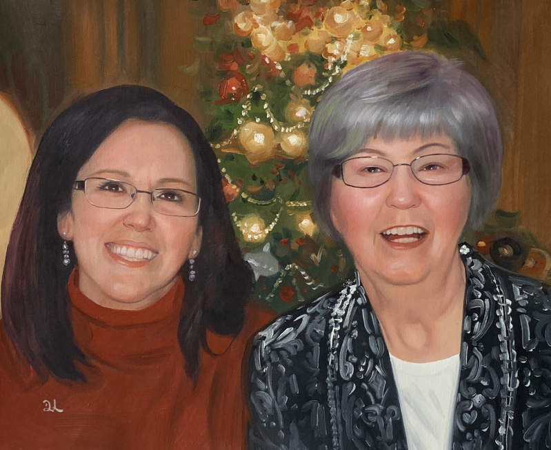 Oil painting portrait of two women in front of a Christmas tree.