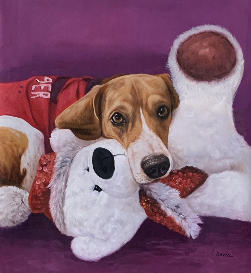 Painting of a beagle dog wearing a red sweater cuddling a white stuffed animal.