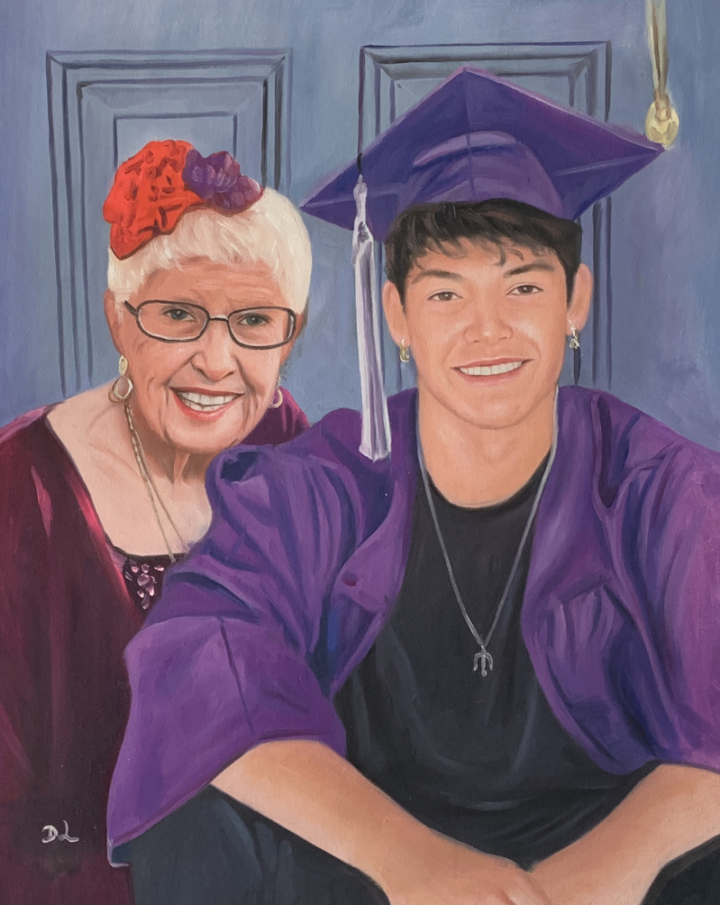 Painting of a smiling grandmother and her graduating grandson.