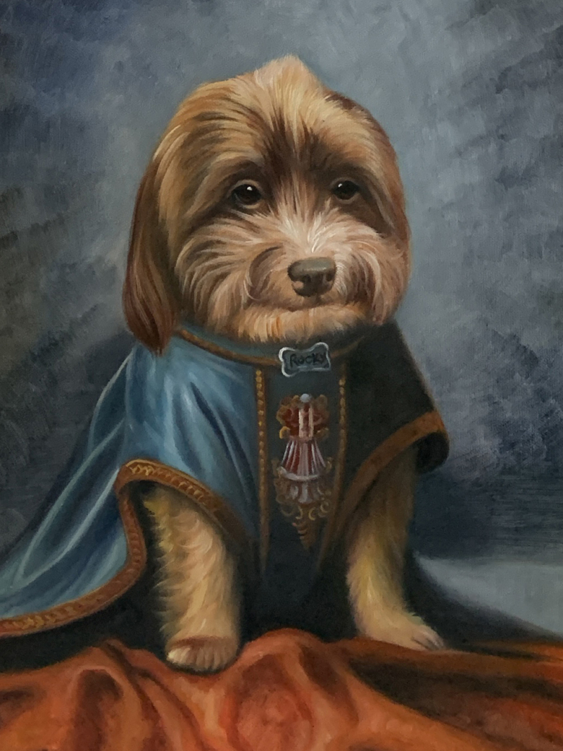 Painting of a small brown dog wearing a blue robe