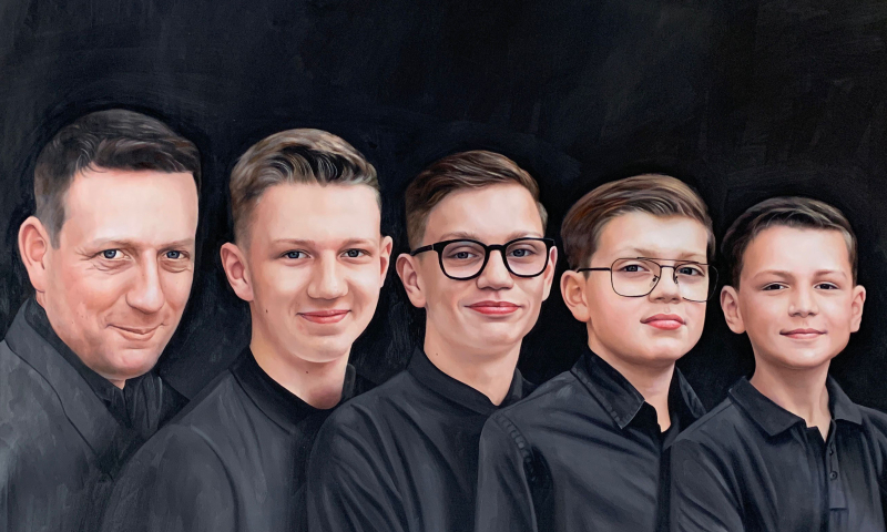 Painted portrait of a man and four boys wearing black shirts against a dark background.