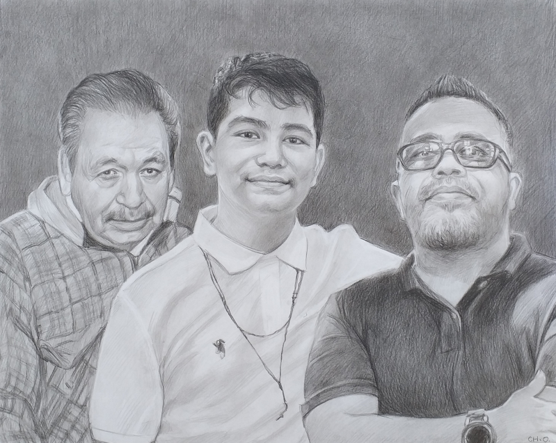 Pencil sketch portrait of three men: an older man, a boy, and a younger man.