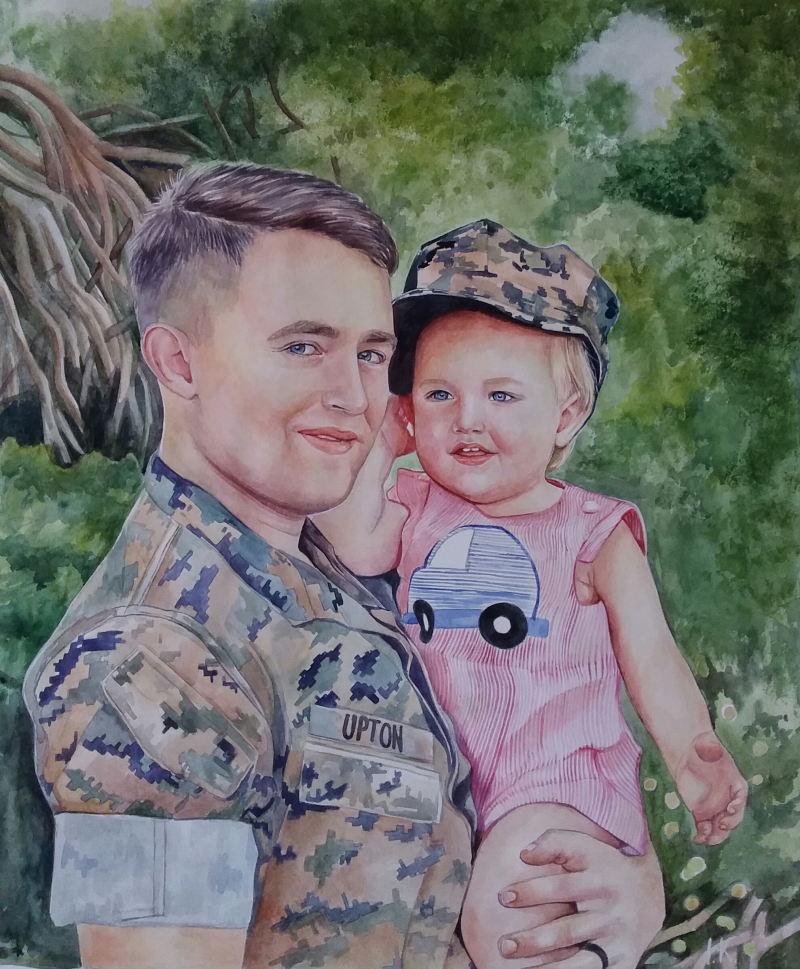 Watercolor portrait of a male soldier in uniform holding a toddler.