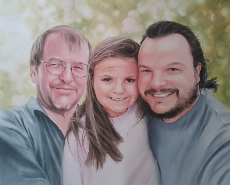Painting of two men and a girl smiling together.