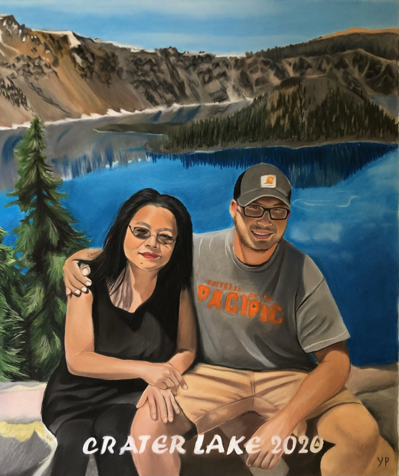 Pastel portrait of a couple at Crater Lake,2020