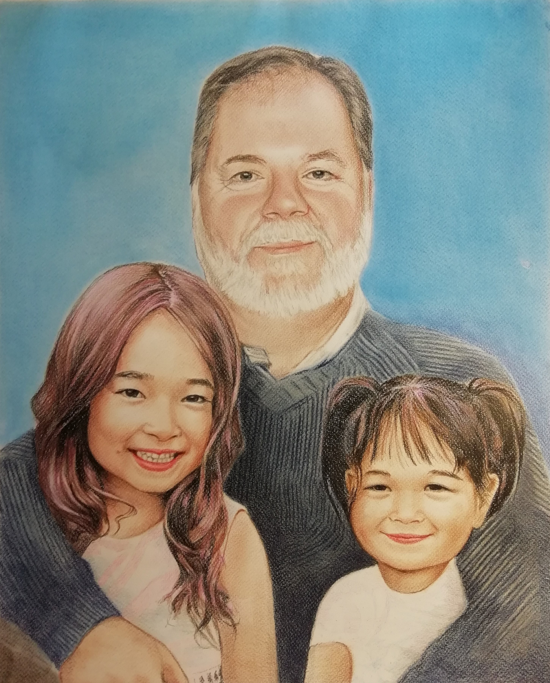 Color pencil portrait of a man with two young girls.