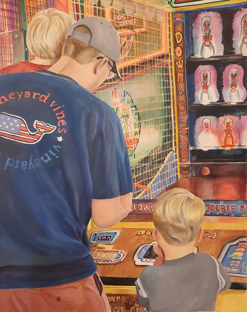 Painting of a father and two sons playing a carnival game.