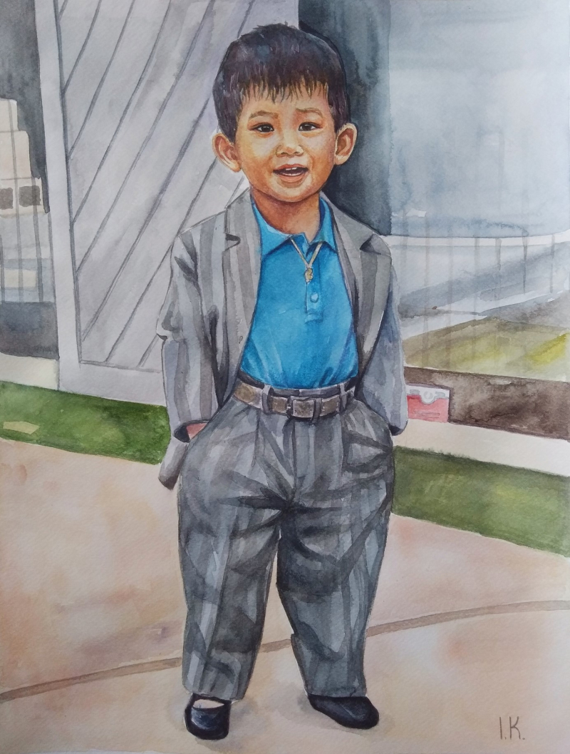 Watercolor portrait of a young boy in a suit and blue shirt.