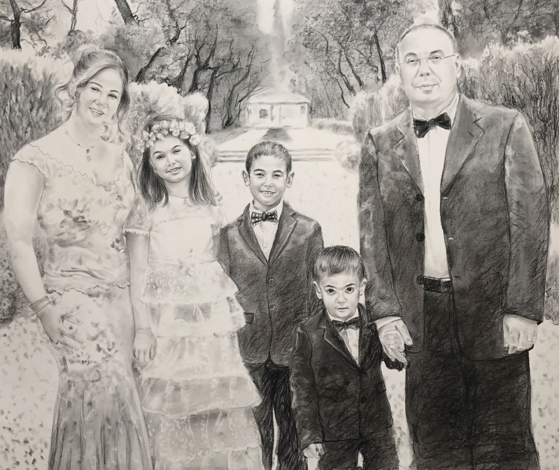 Black and white pencil sketch of a family portrait: parents, two boys, and a girl.