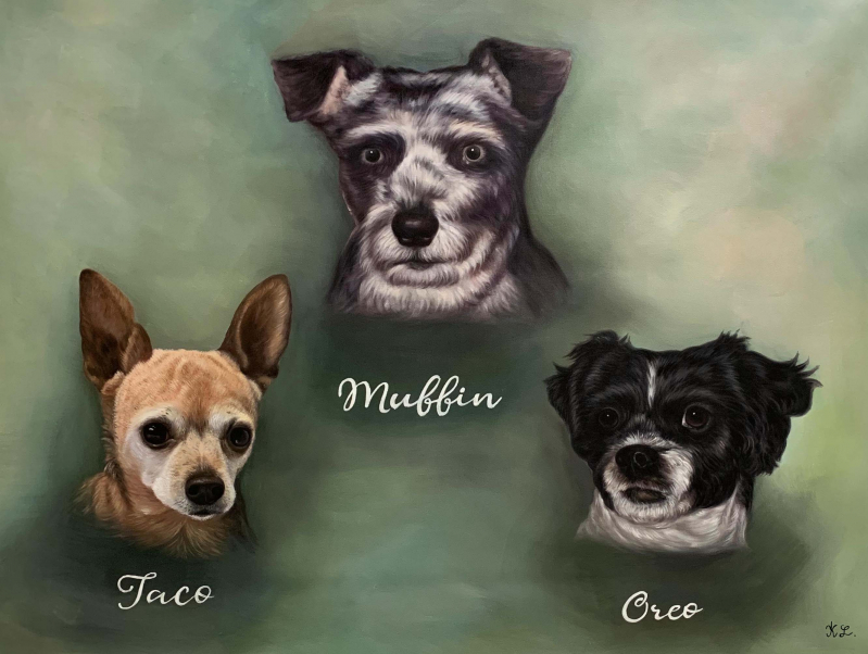 Painted portraits of three dogs: Taco, Muffin, and Oreo.