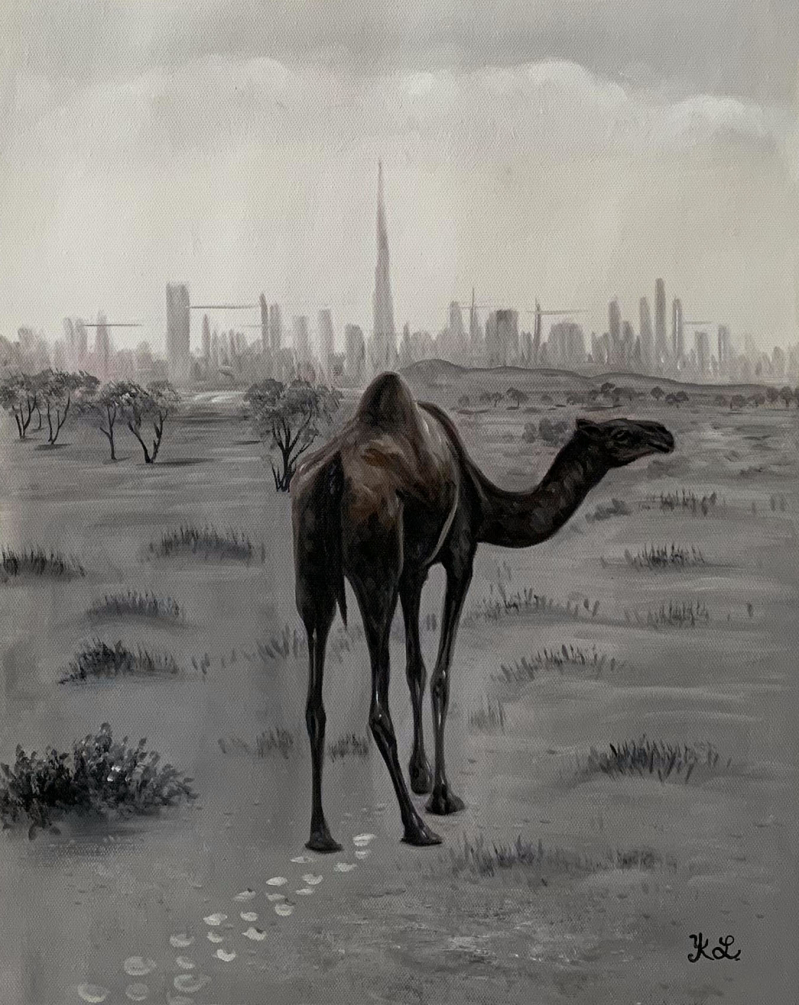 Camel walking toward a city skyline