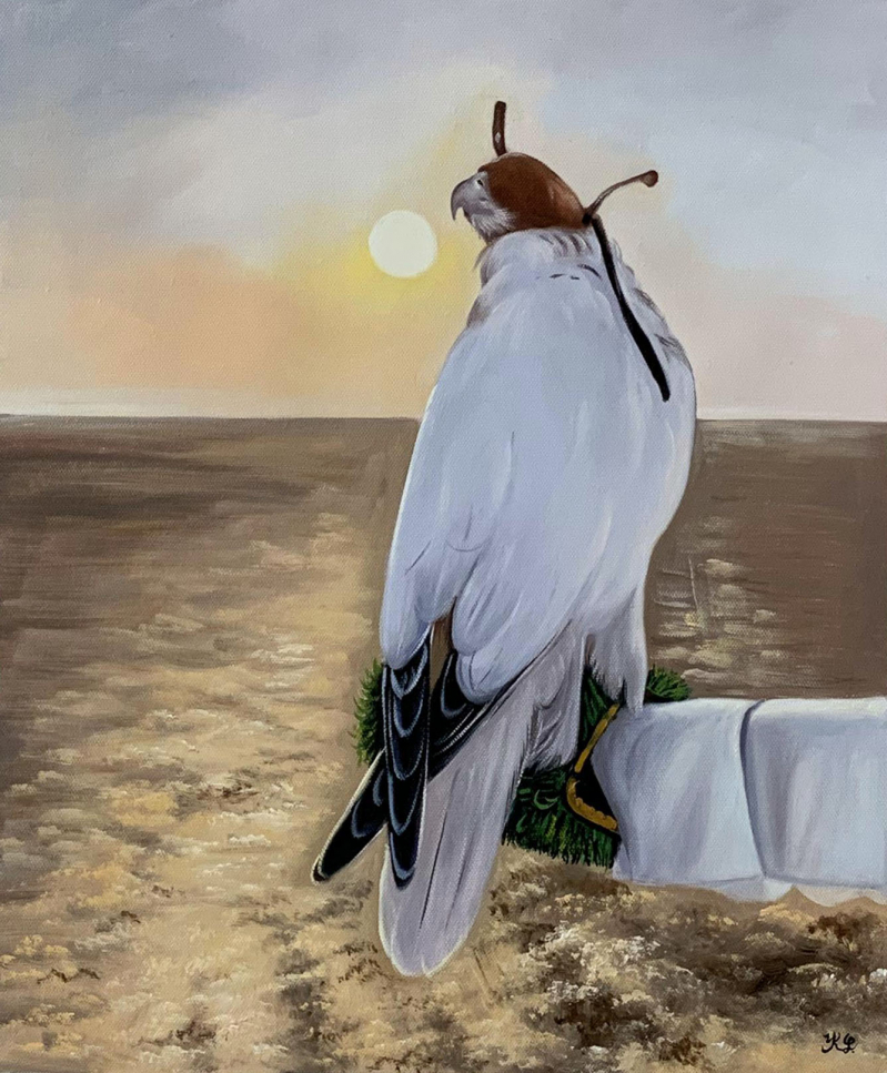 Painting of a falcon wearing a hood perched on a stand at sunset in a desert landscape.