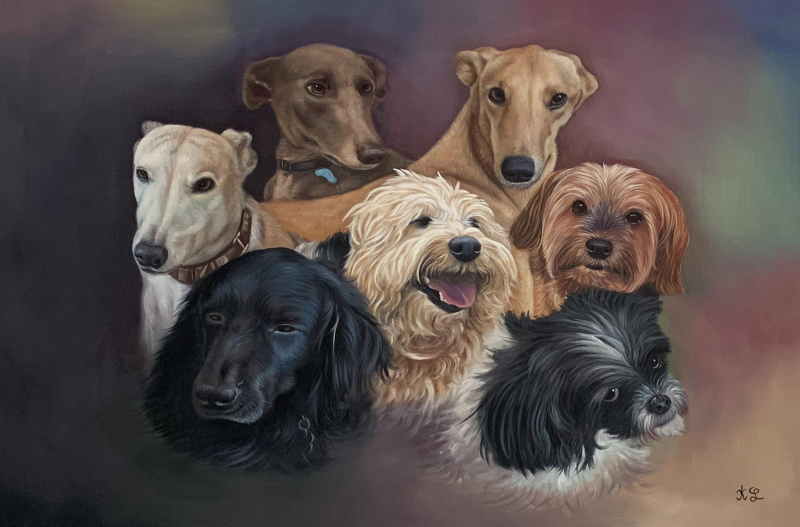 Custom oil artwork of seven dogs