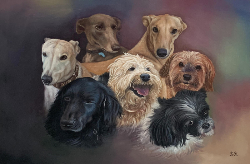 Painting of seven dogs, including two greyhounds, a Yorkshire Terrier, and a fluffy dog.