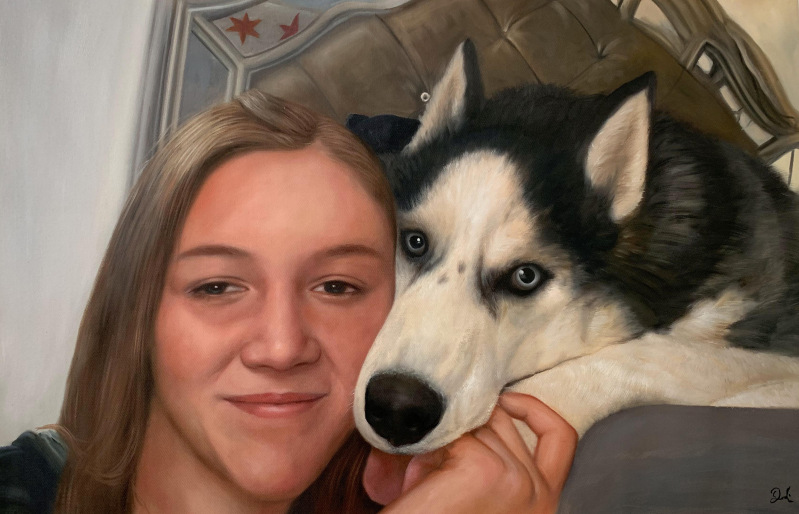 Beautiful acrylic painting of a girl and a dog