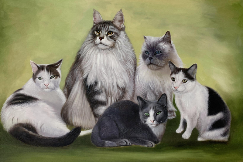 Stunning oil painting of five cats with a solid background