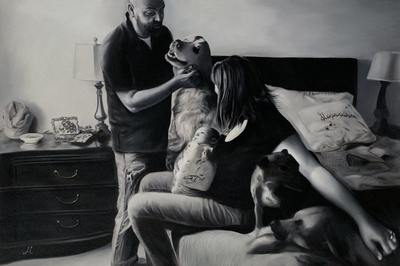 Beautiful black and white oil painting of a family