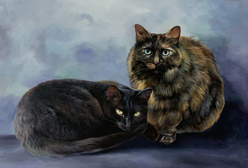 Painting of two cats, one black, one calico.