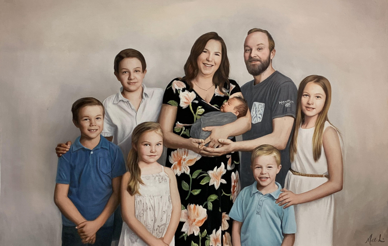 Beautiful oil family portrait of eight people