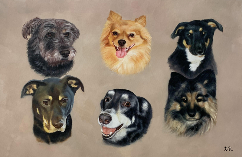 Painting of six dogs` heads.