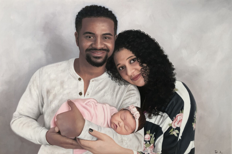 Painted portrait of a family: a man and woman holding their newborn baby.