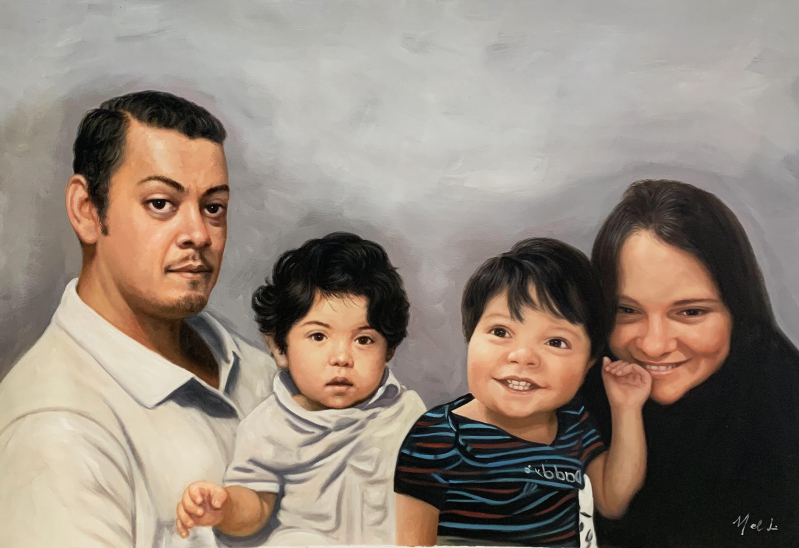 Oil painting of a family portrait: a father, mother, toddler, and young child.
