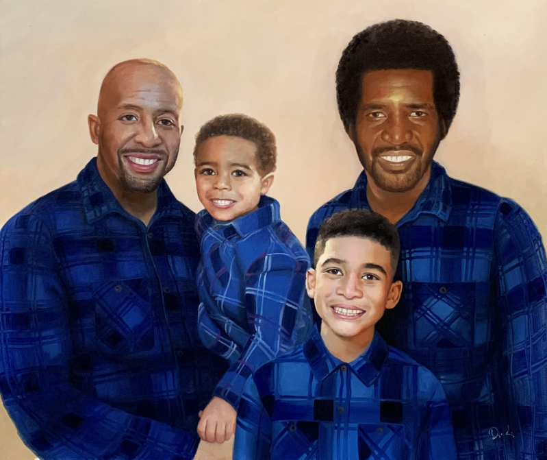 Beautiful oil painting of a family with a solid background