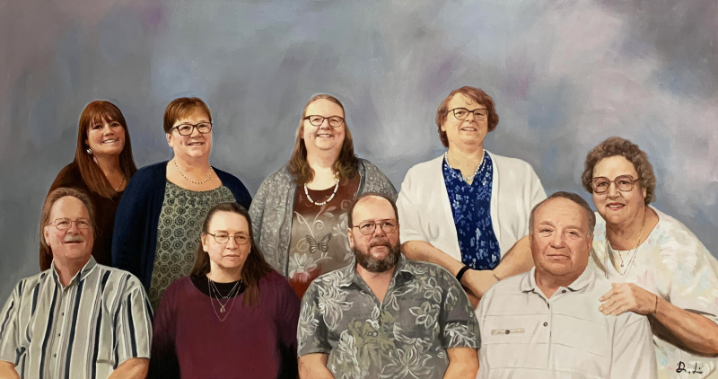 Beautiful oil family portrait of nine people