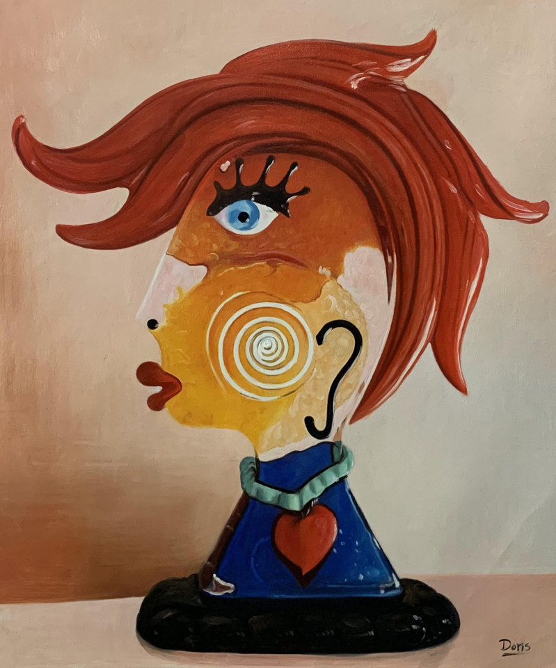 Painting of a stylized female head with red hair, a blue eye, and a colorful, abstract body.