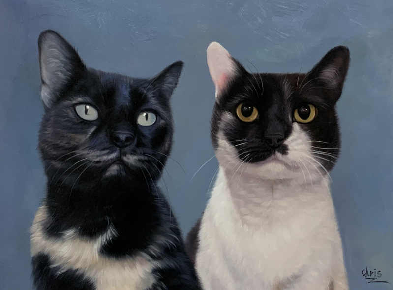 Custom handmade oil painting of two cats