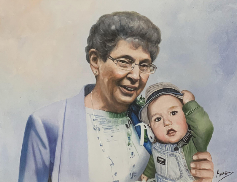 Beautiful oil painting of a grandmother and a grandson