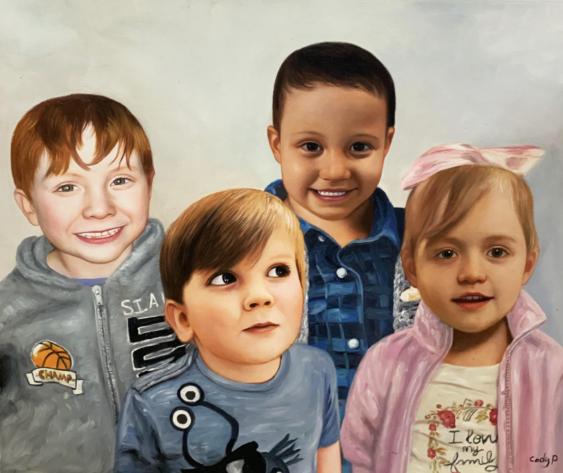 Beautiful handmade oil painting of four kids