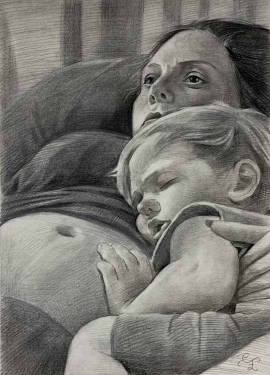 Beautiful charcoal painting of a mother and daughter