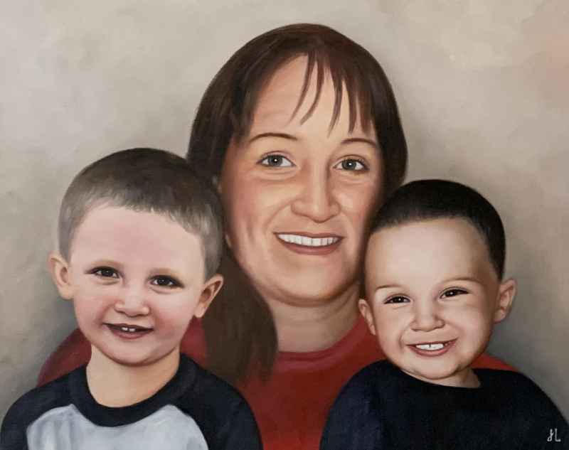 Custom oil artwork of a woman with two little boys