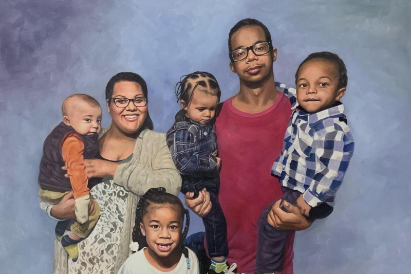 Painted portrait of a family: two adults and four children.