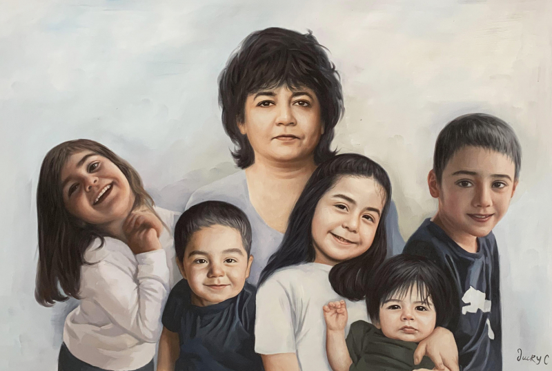 Gorgeous oil painting of a grandmother and grandchildren