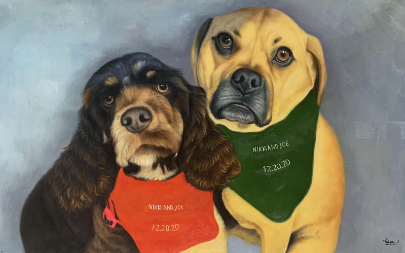 Painting of two dogs wearing bandanas with Nikki and Joe 12.20.20 embroidered on them.