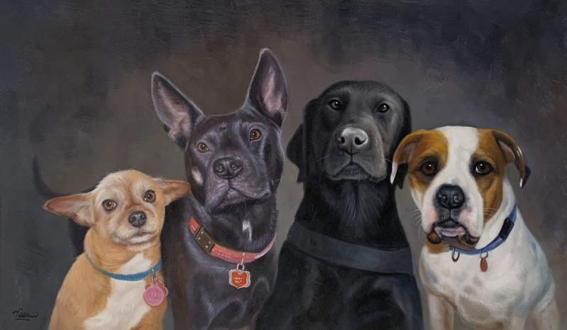 Painted portrait of four dogs: a chihuahua, a black dog, a black Labrador Retriever, and a white and brown dog.