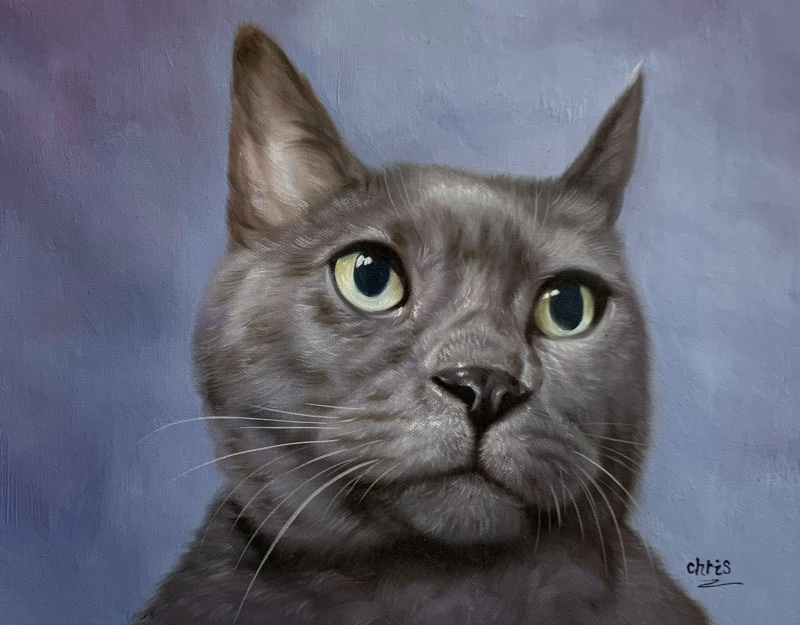 Painting of a gray cat looking upward