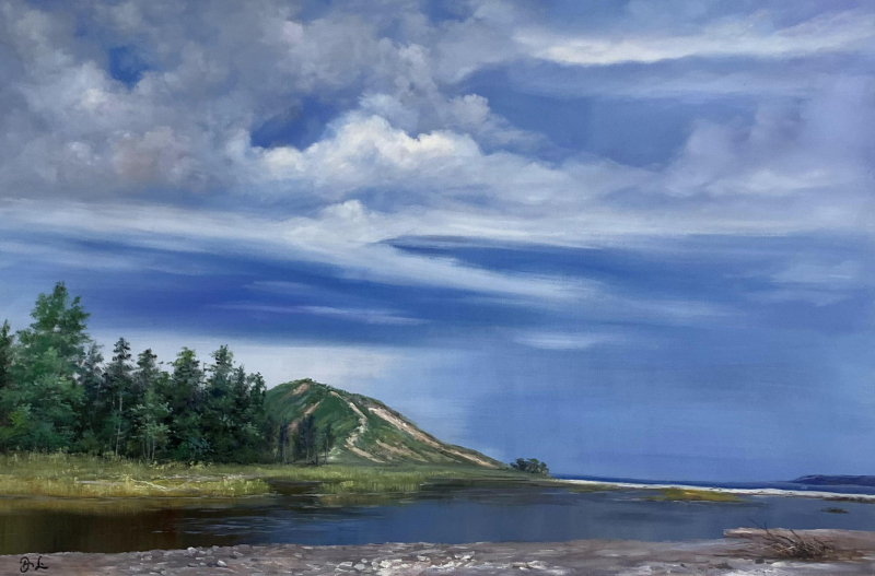 Painting of a tranquil landscape with a sandy hill, trees, calm water, and a partly cloudy sky.