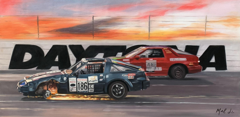 Custom oil painting of two racing autos