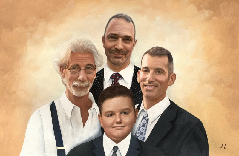 Painted portrait of four men and a boy.