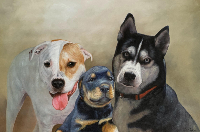 Painting of a white and tan pit bull, a black and white husky, and a Rottweiler puppy.