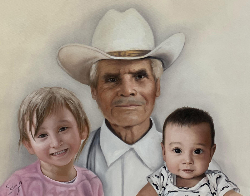 Painting of a grandfather in a cowboy hat with a young girl and baby.