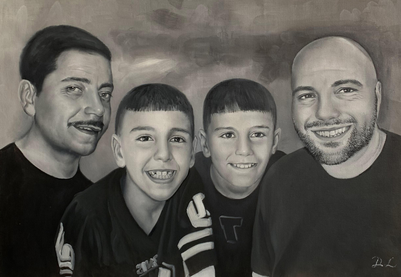 Black and white portrait painting of two men and two boys.
