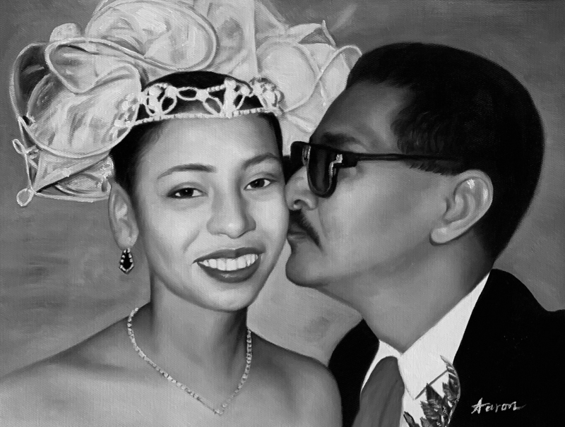 Black and white portrait painting of a man kissing a woman on the cheek.