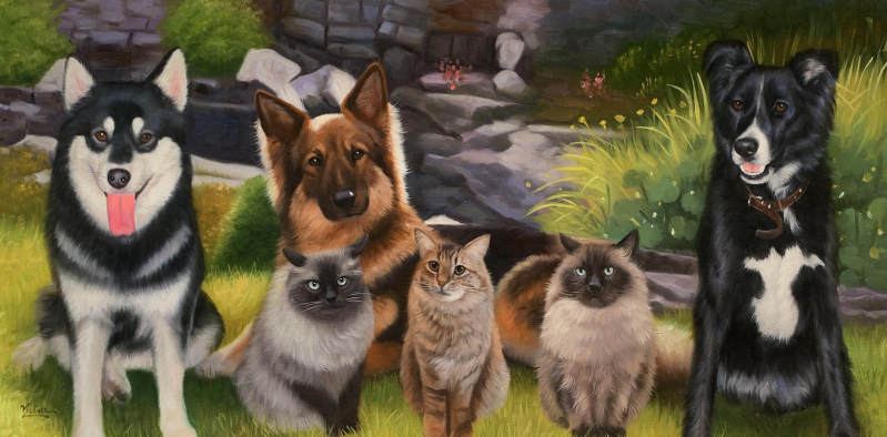Painting of three dogs and three cats sitting together outdoors.